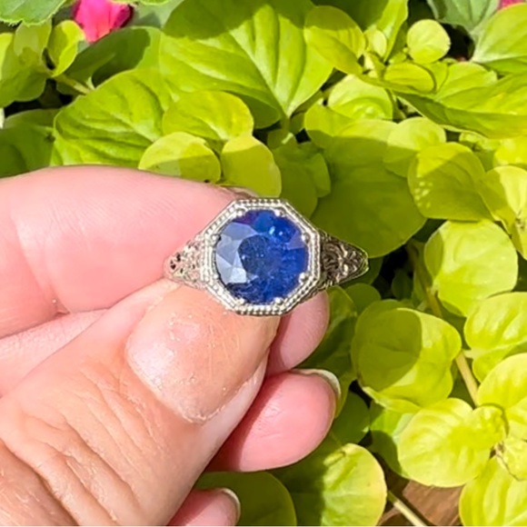 Vintage 3 Carat Sapphire Ring, 14k White Gold Filigree, Sz 6 EUC - Picture 13 of 13